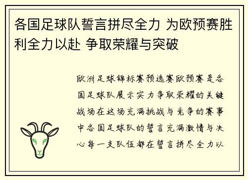 各国足球队誓言拼尽全力 为欧预赛胜利全力以赴 争取荣耀与突破