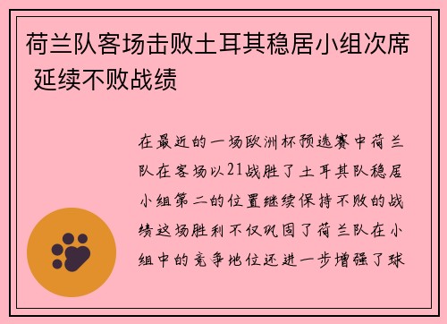 荷兰队客场击败土耳其稳居小组次席 延续不败战绩