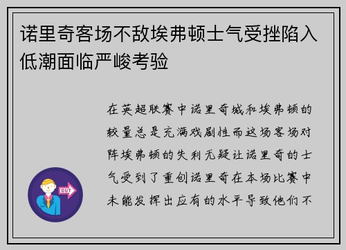 诺里奇客场不敌埃弗顿士气受挫陷入低潮面临严峻考验