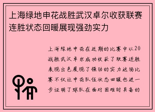 上海绿地申花战胜武汉卓尔收获联赛连胜状态回暖展现强劲实力
